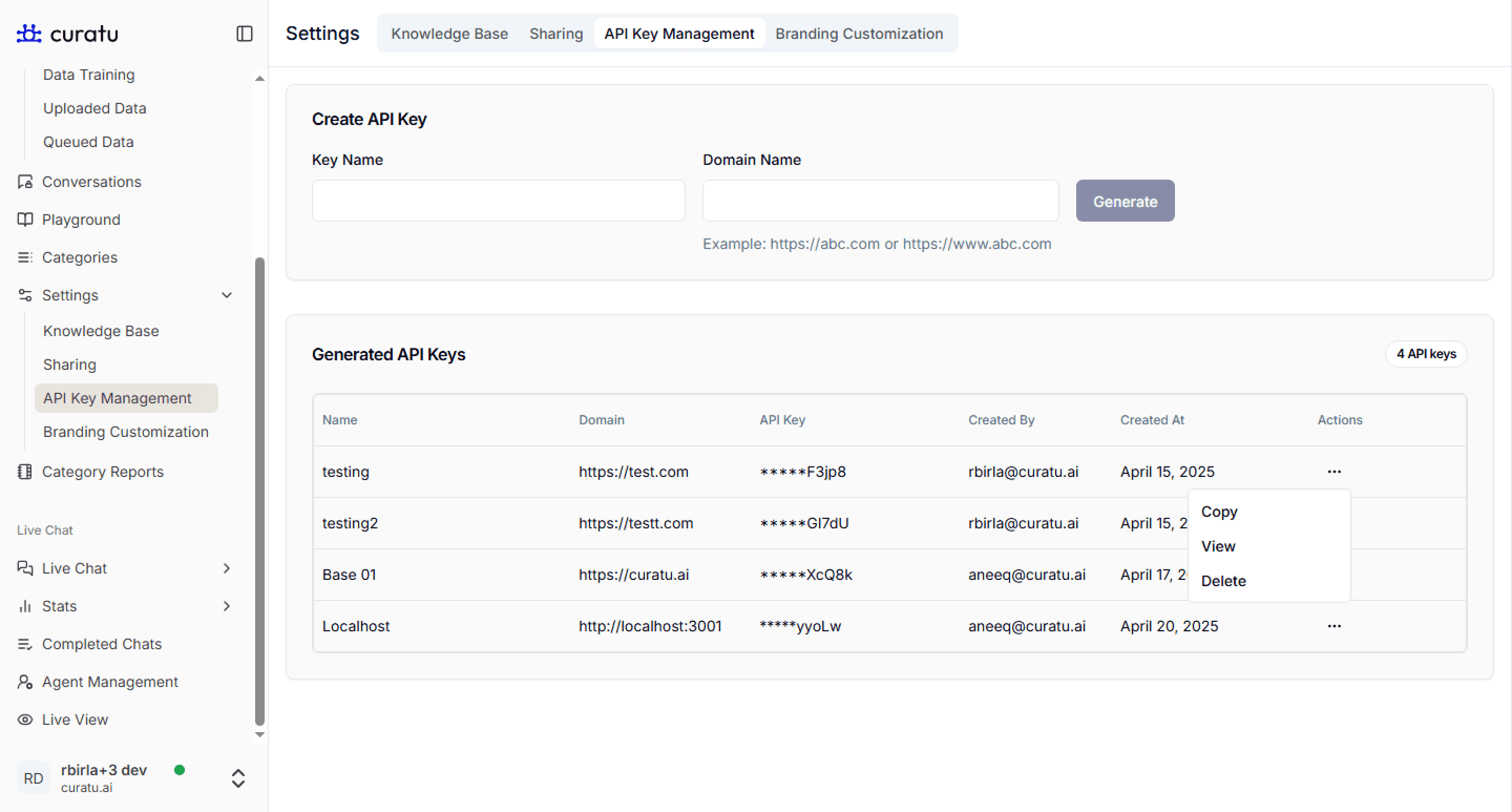 API Key Management Tab