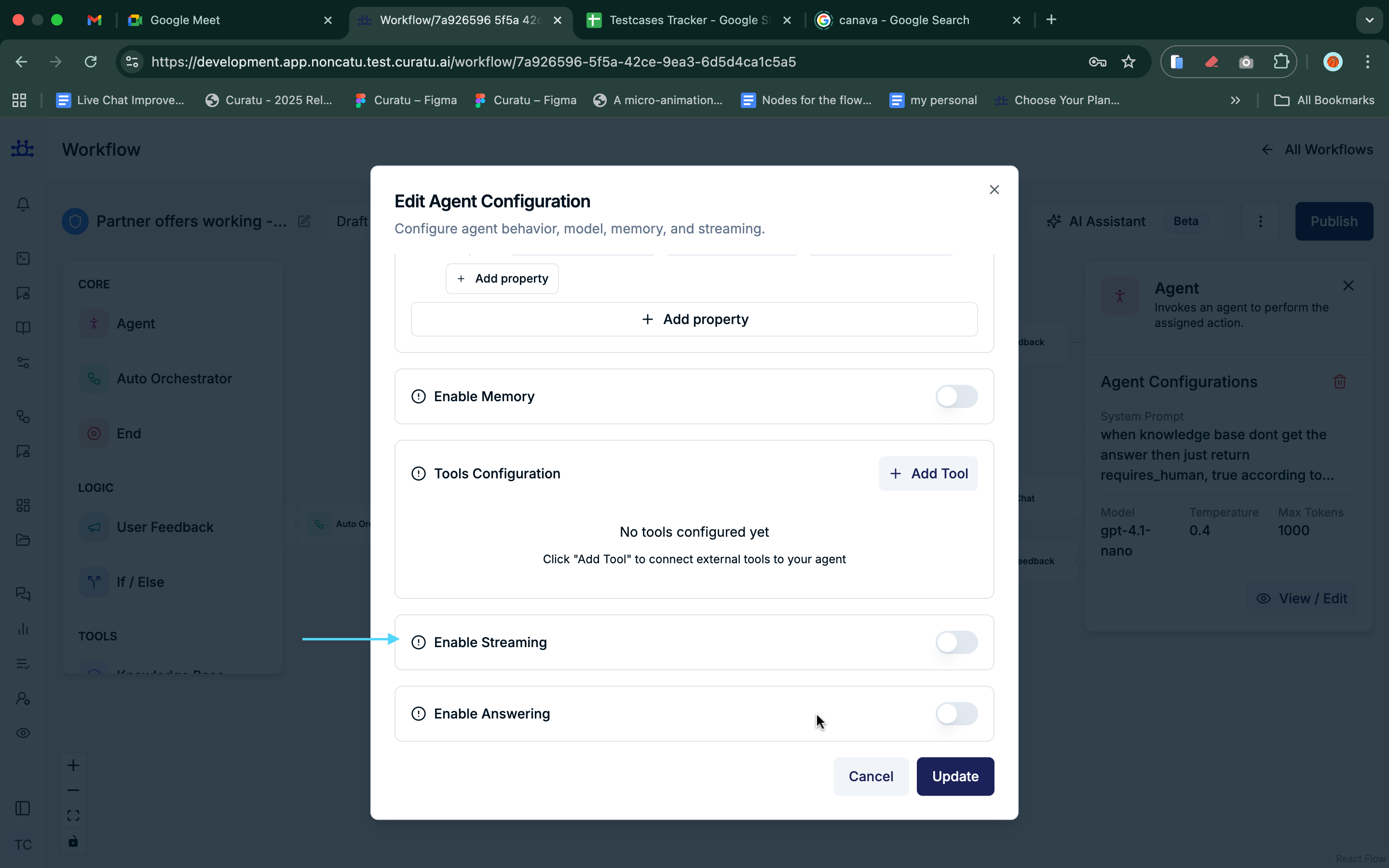 agent Node Enable Streaming Settings