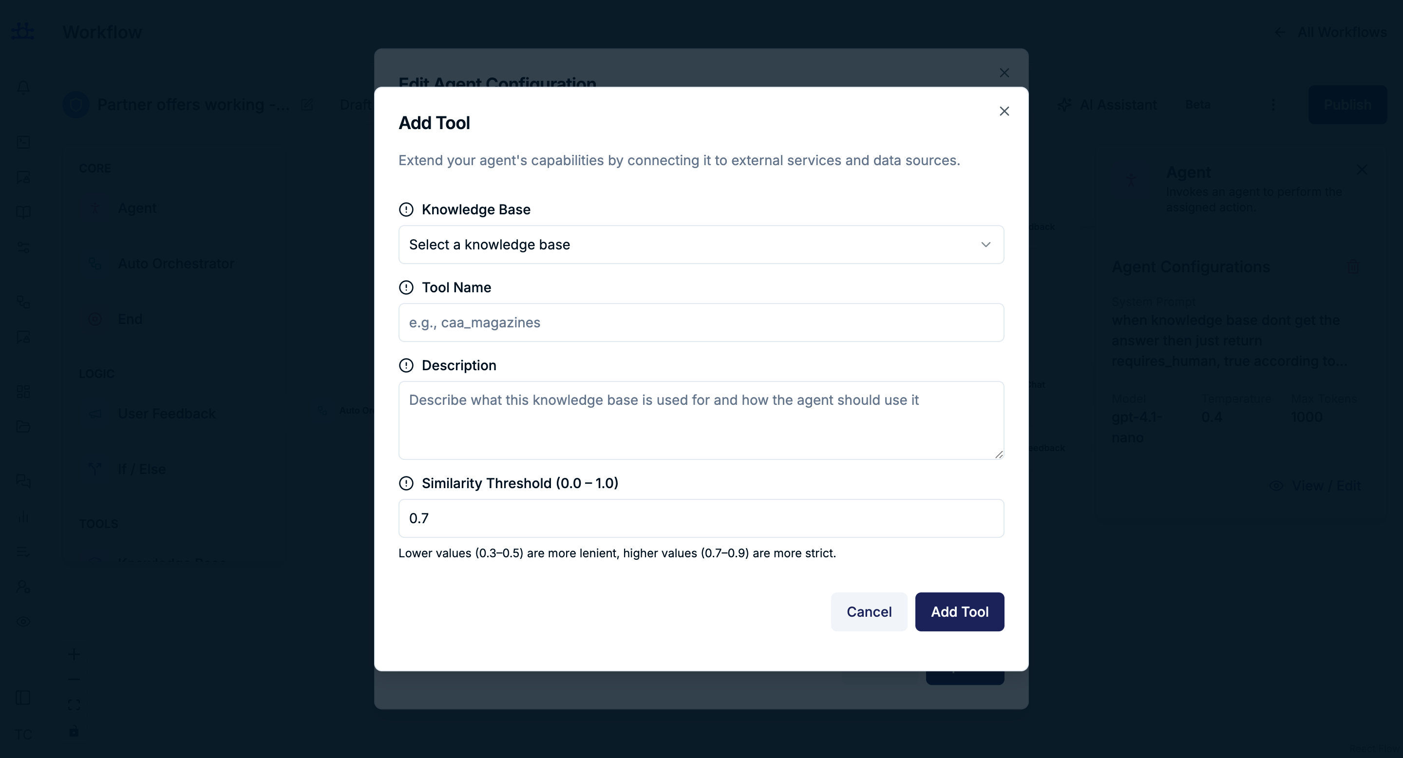 agent Node Knowledge tools Settings