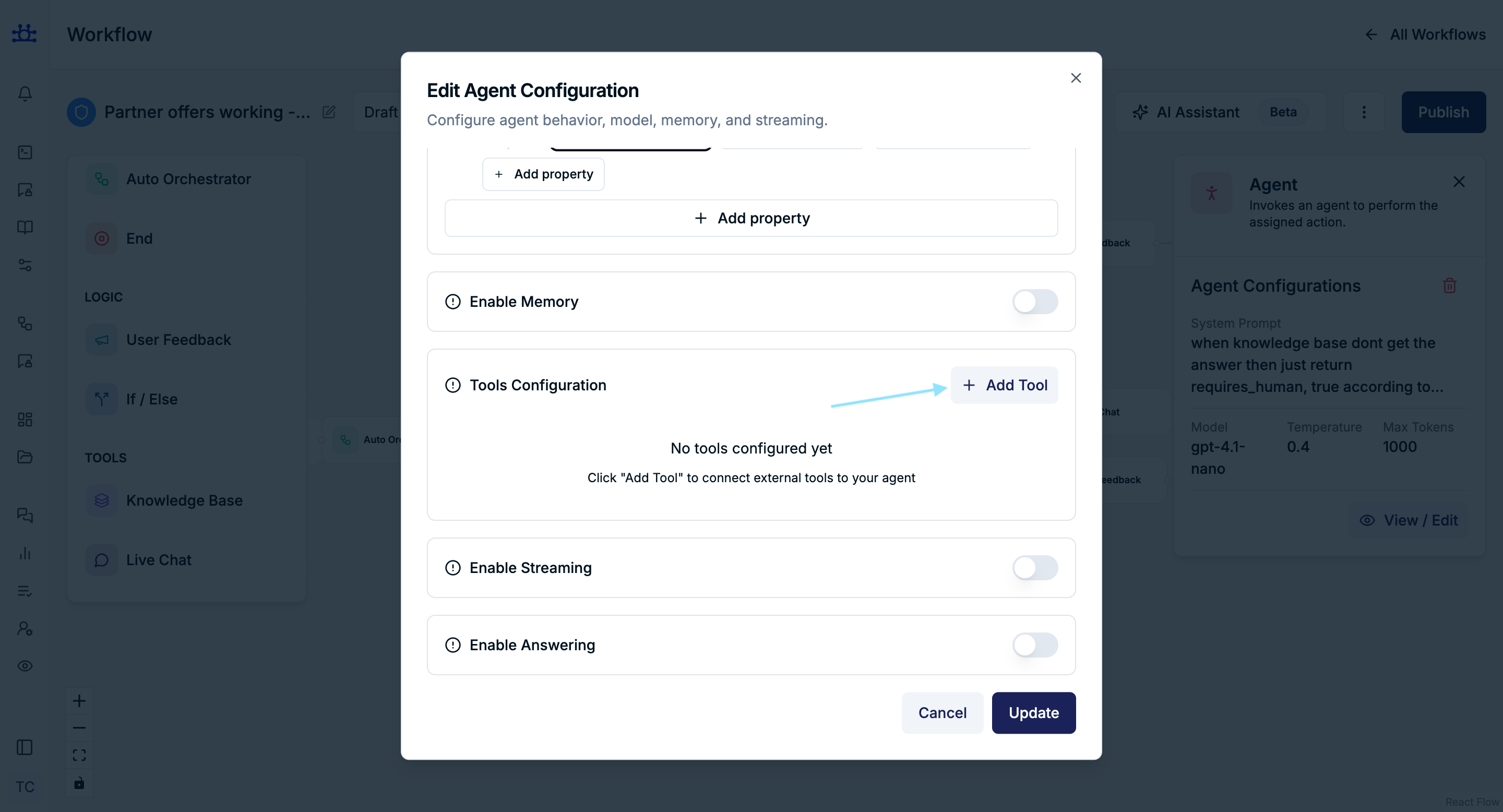 agent Node tools Settings